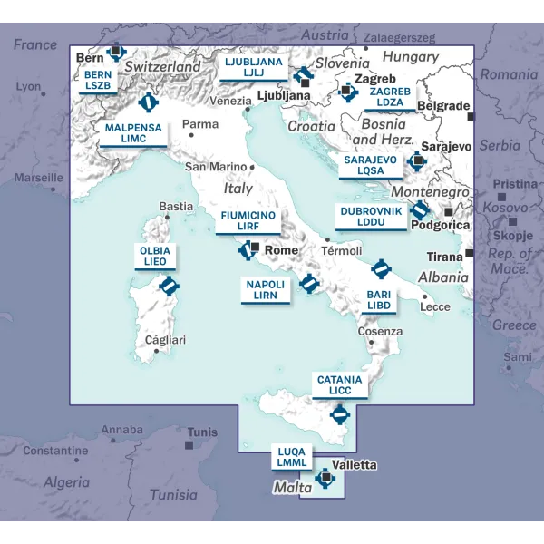 Carte VFR AIRMILLION Italie Bosnie Croatie Malte Monténégro et Slovénie 2025 Echelle de 1 1000000