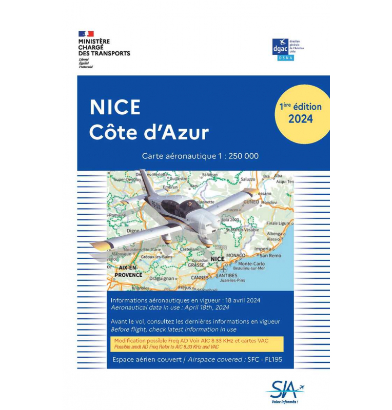 Carte VFR SIA 2024 Nice Côte d'Azur au 1:250000