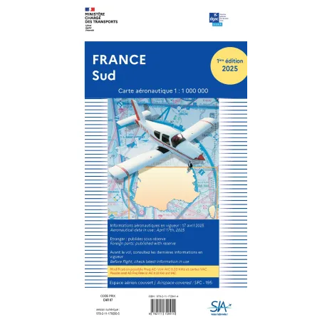Carte VFR SIA Sud de la France au forma t 1:1 000 000 édition 2025
