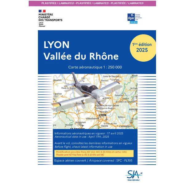 Carte plastifiée VFR 2025 SIA Lyon Vallée du Rhône au format 1:250000