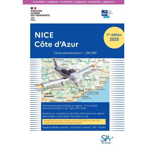 Carte plastifiée VFR SIA 2025 Nice Côte d'Azur au format 1:250000