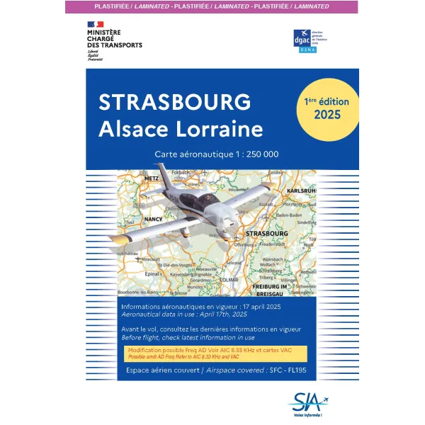 Carte plastifiée VFR SIA Strasbourg Alsace Lorraine au format 1:250000 édition 2025