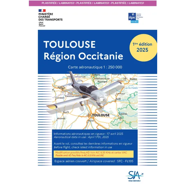 Carte plastifiée VFR SIA 2025 Toulouse Région Occitanie au format 1:250000