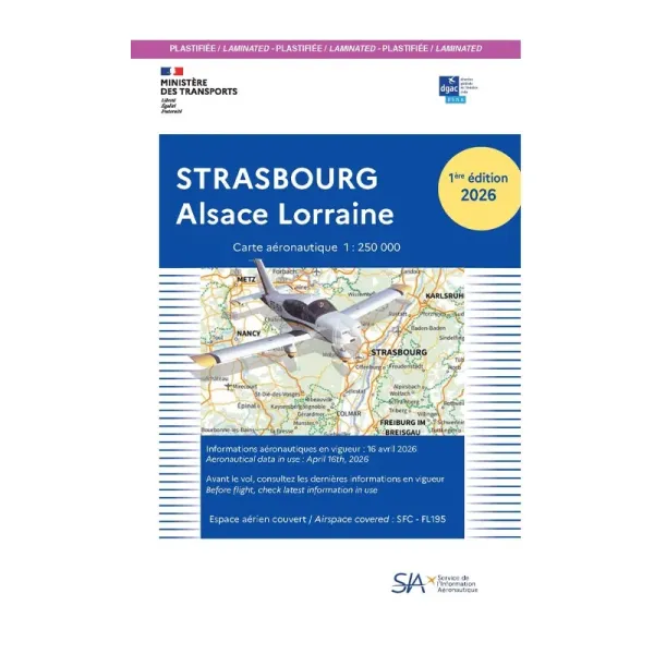 Carte plastifiée VFR SIA Strasbourg Alsace Lorraine au format 1:250000 première édition 2026
