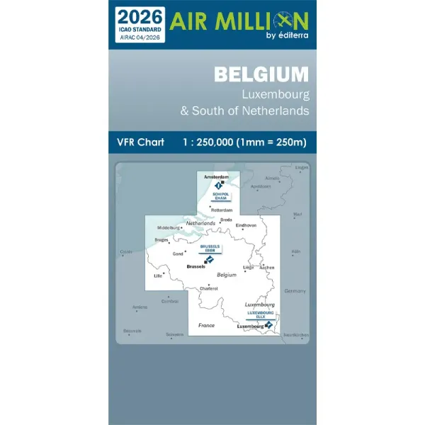 Carte VFR AIRMILLION Belgique Luxembourg et Sud de la Hollande 2026 Echelle de 1 250000