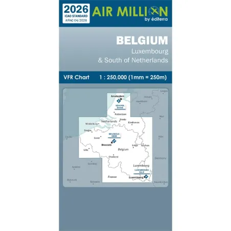 Carte VFR AIRMILLION Belgique Luxembourg et Sud de la Hollande 2026 Echelle de 1 250000